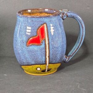 Studio Pottery Golf Mug Flag Ball Blue Glaze Signed Vintage Artisan Cup